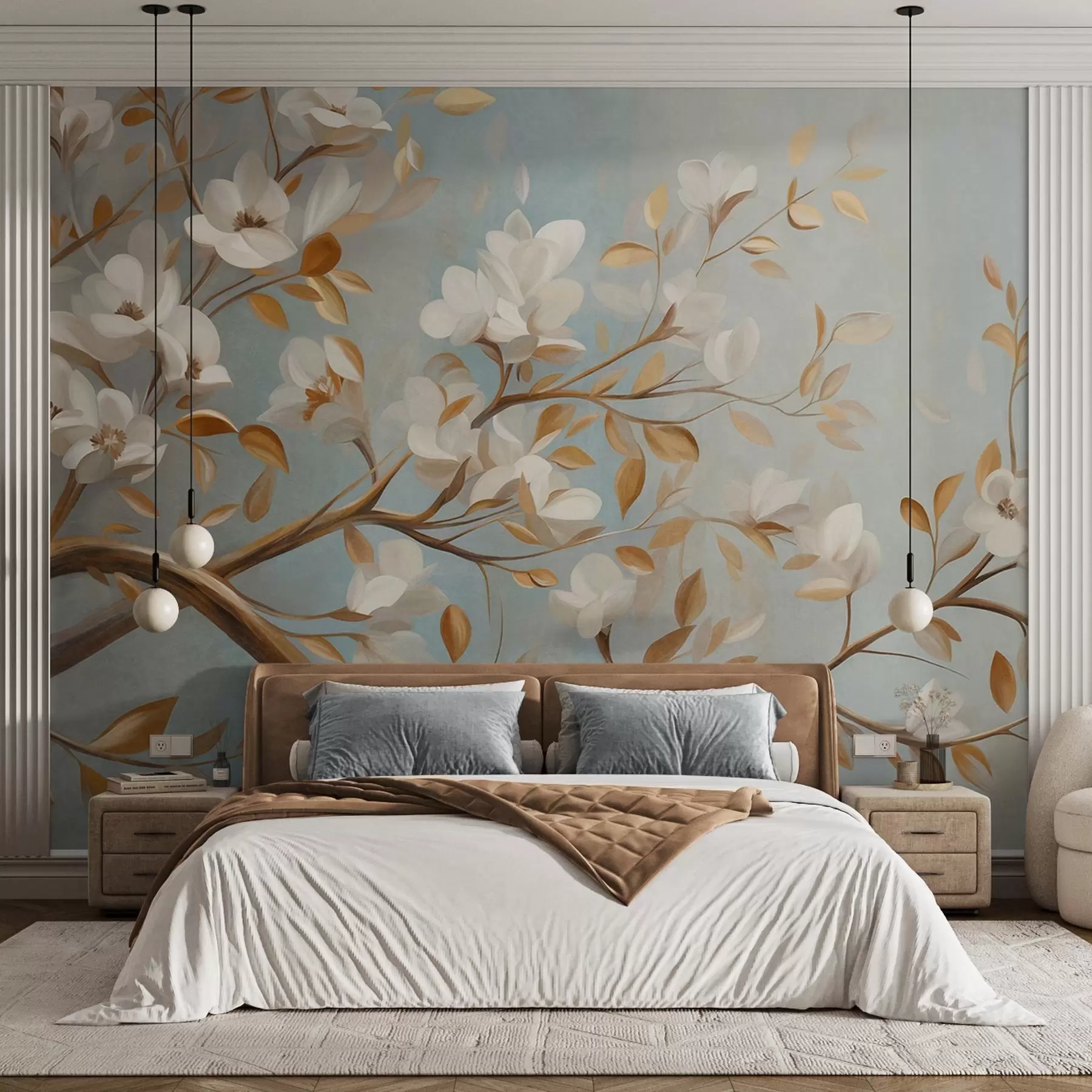 wall murals Textured tree branch with white flowers and yellow leaves, vintage style w09814