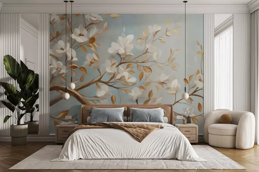 wall murals Textured tree branch with white flowers and yellow leaves, vintage style w09814