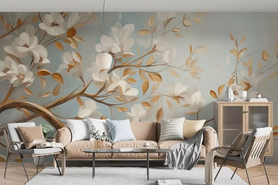 wall murals Textured tree branch with white flowers and yellow leaves, vintage style w09814