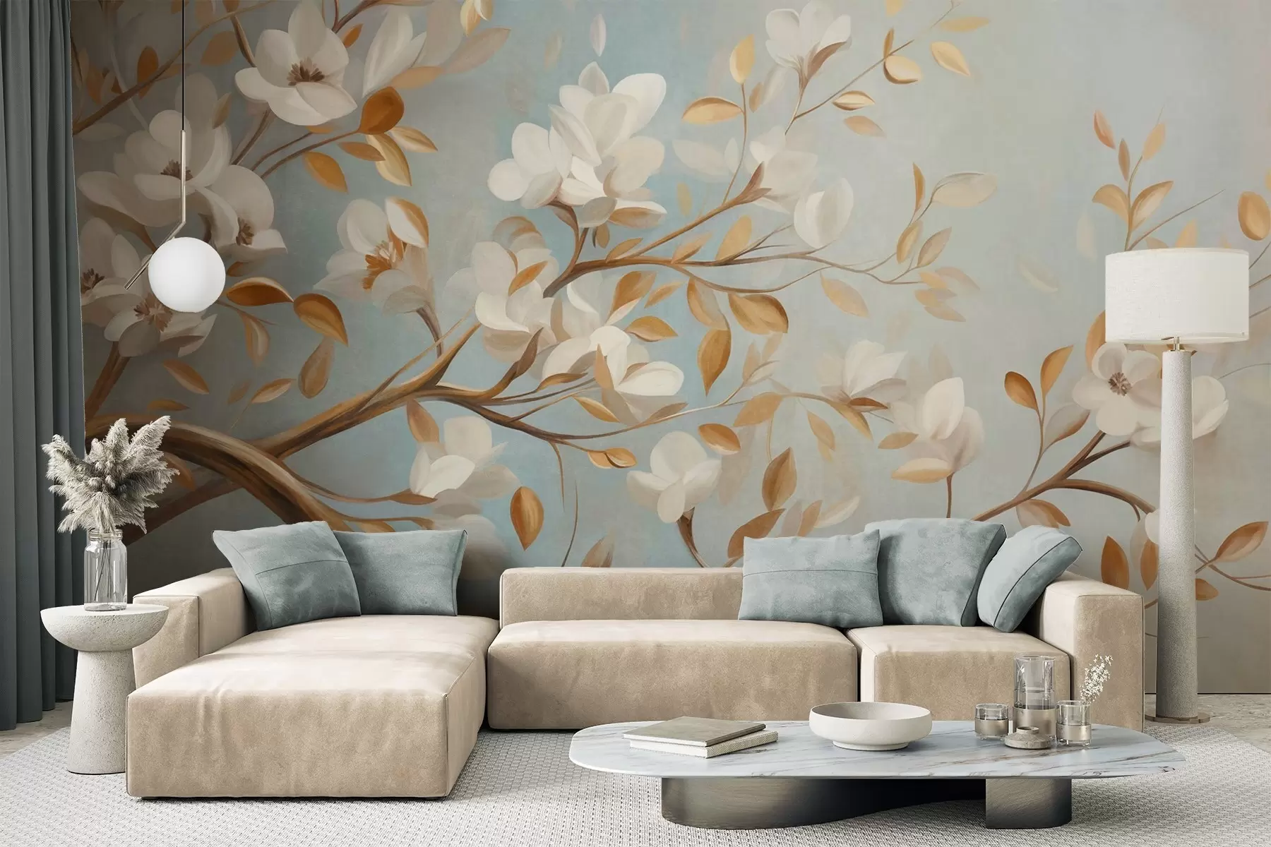 wall murals Textured tree branch with white flowers and yellow leaves, vintage style w09814