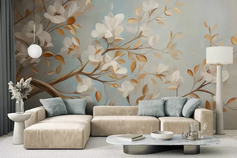 wall murals Textured tree branch with white flowers and yellow leaves, vintage style w09814