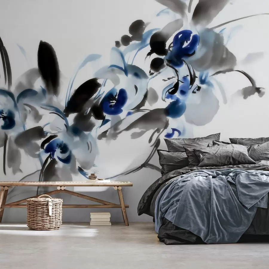 wall murals legant abstract flowers in an oriental watercolor style with blue and black accents, orchids w09797