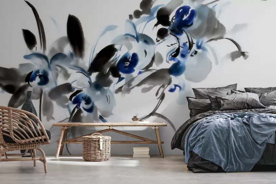 wall murals legant abstract flowers in an oriental watercolor style with blue and black accents, orchids w09797