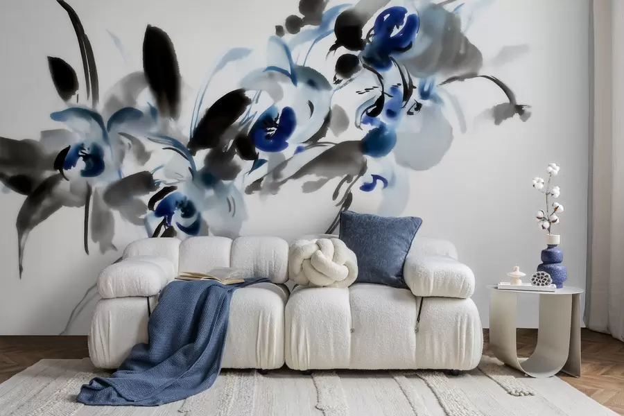 wall murals legant abstract flowers in an oriental watercolor style with blue and black accents, orchids w09797