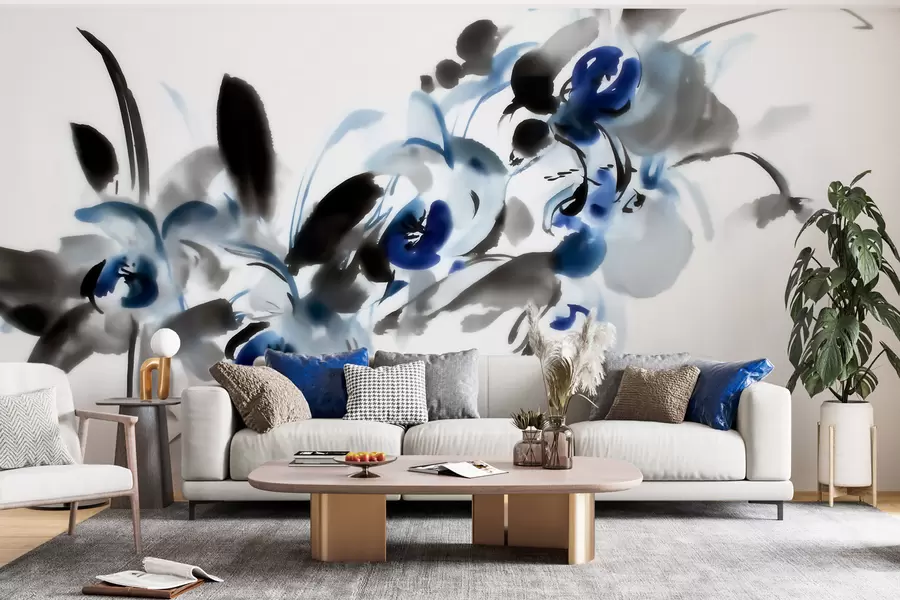 wall murals legant abstract flowers in an oriental watercolor style with blue and black accents, orchids w09797