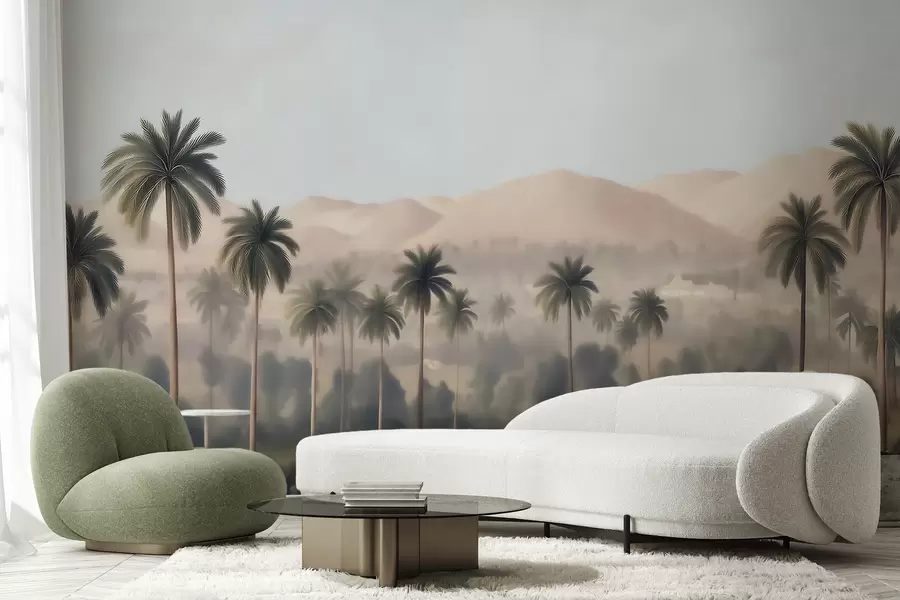wall murals Tropical landscape with palm trees and mountains, vintage panorama in beige and green tones w09798