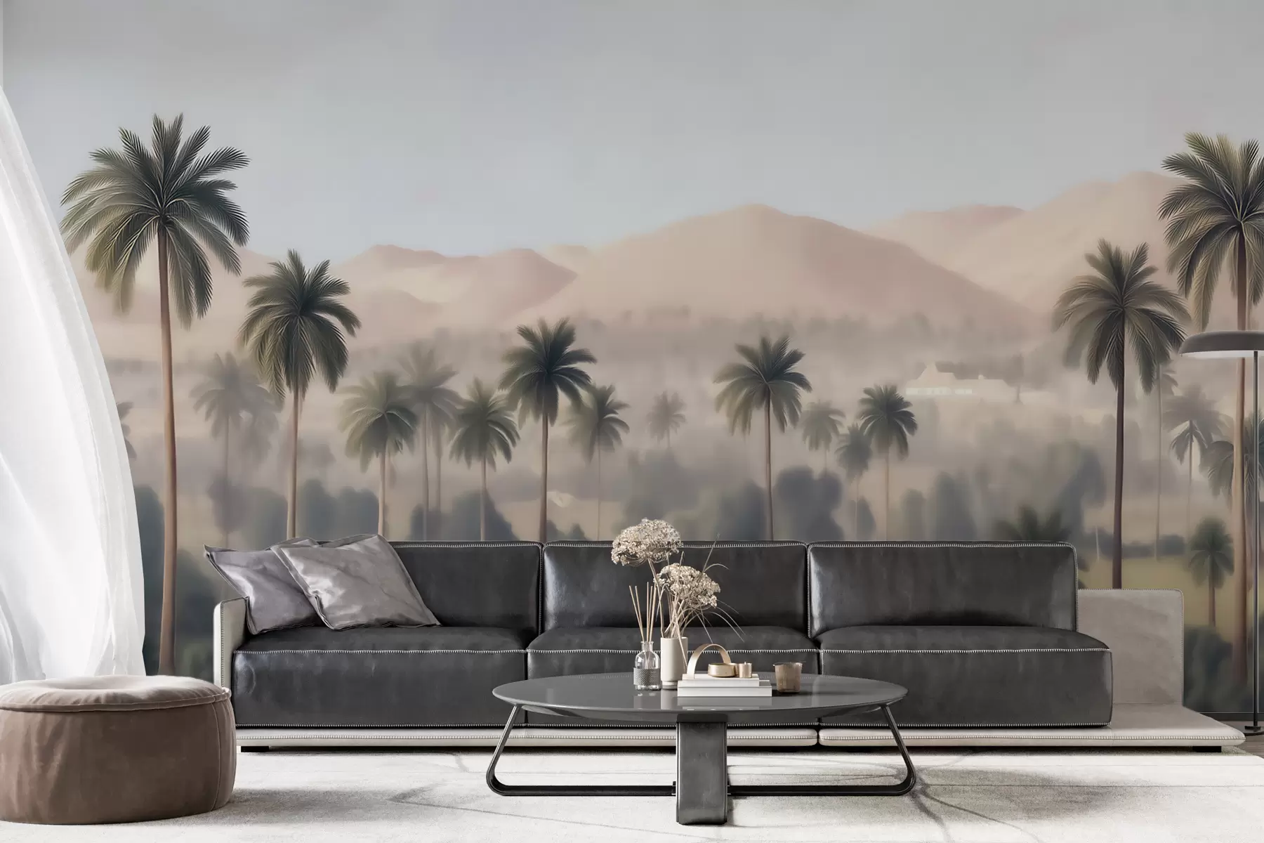 wall murals Tropical landscape with palm trees and mountains, vintage panorama in beige and green tones w09798