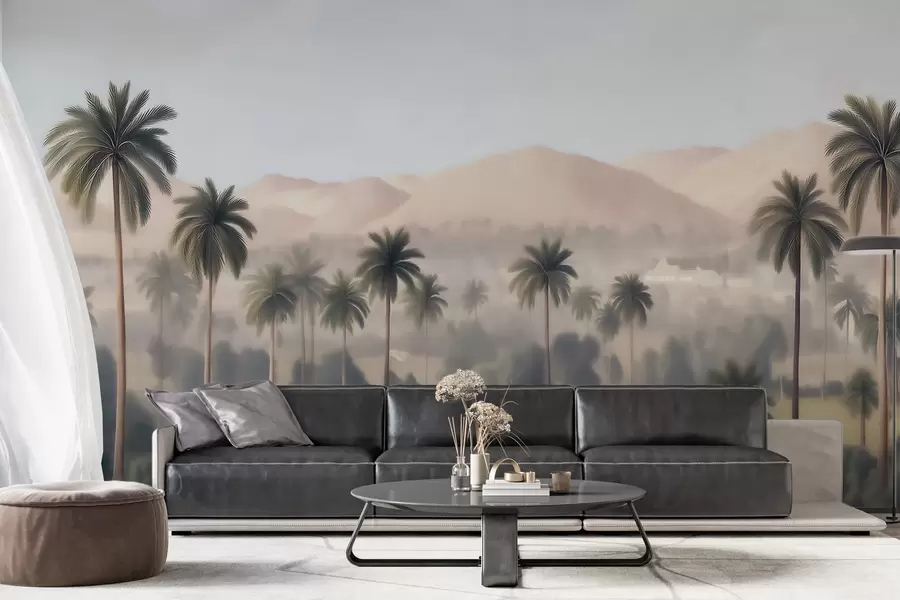 wall murals Tropical landscape with palm trees and mountains, vintage panorama in beige and green tones w09798