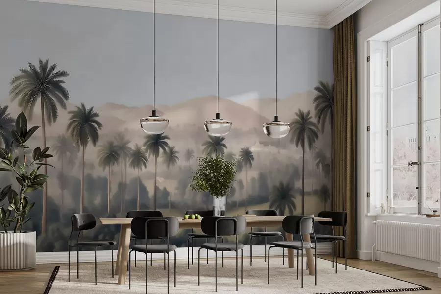 wall murals Tropical landscape with palm trees and mountains, vintage panorama in beige and green tones w09798