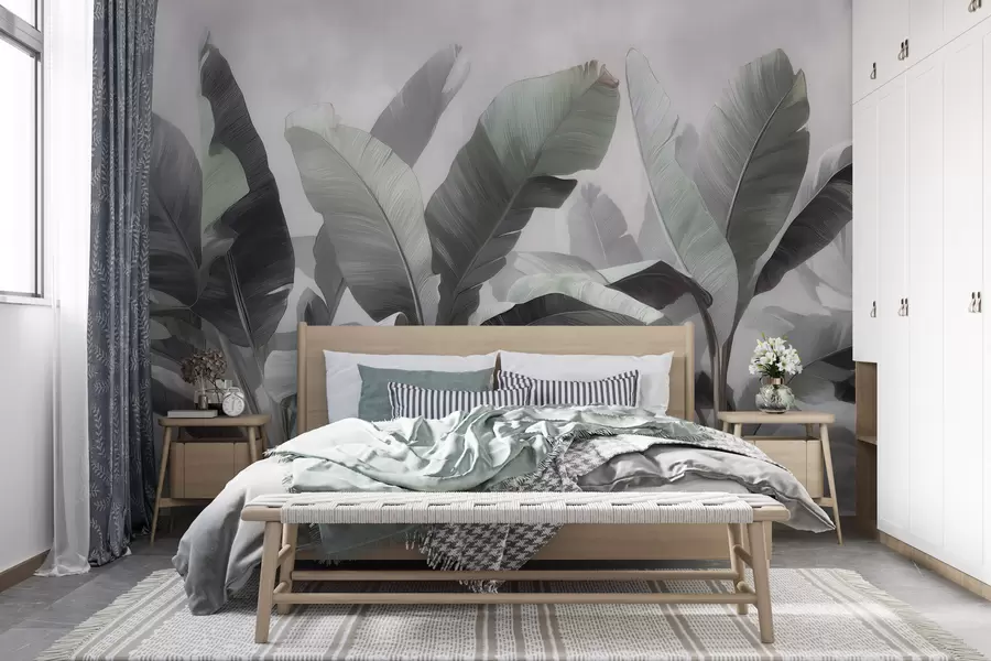 wall murals Abstract tropical large banana leaves in a neutral palette with soft gray-green tones w09805