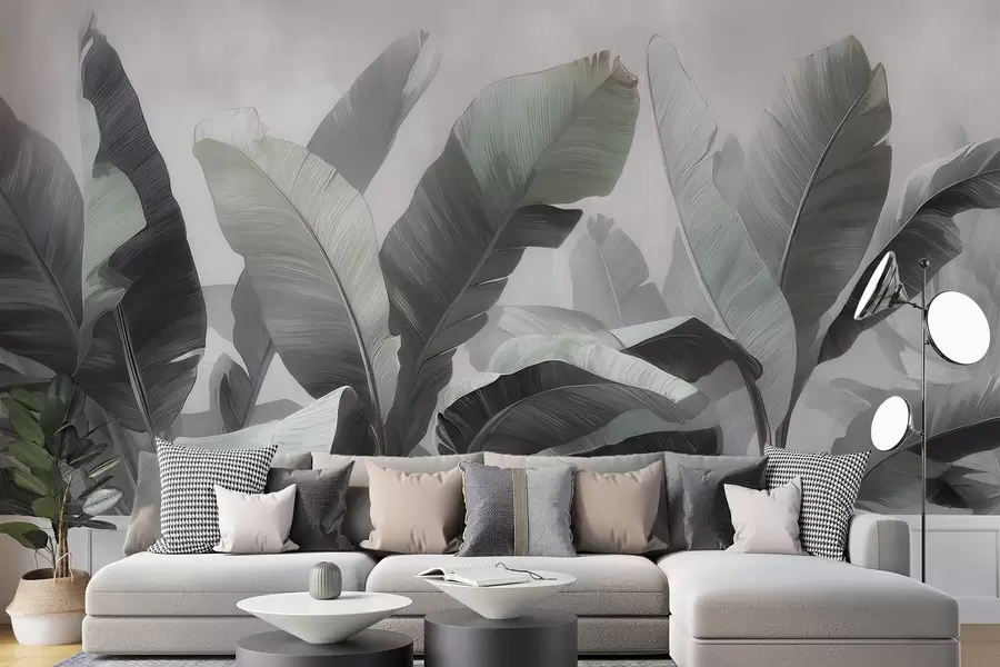 wall murals Abstract tropical large banana leaves in a neutral palette with soft gray-green tones w09805