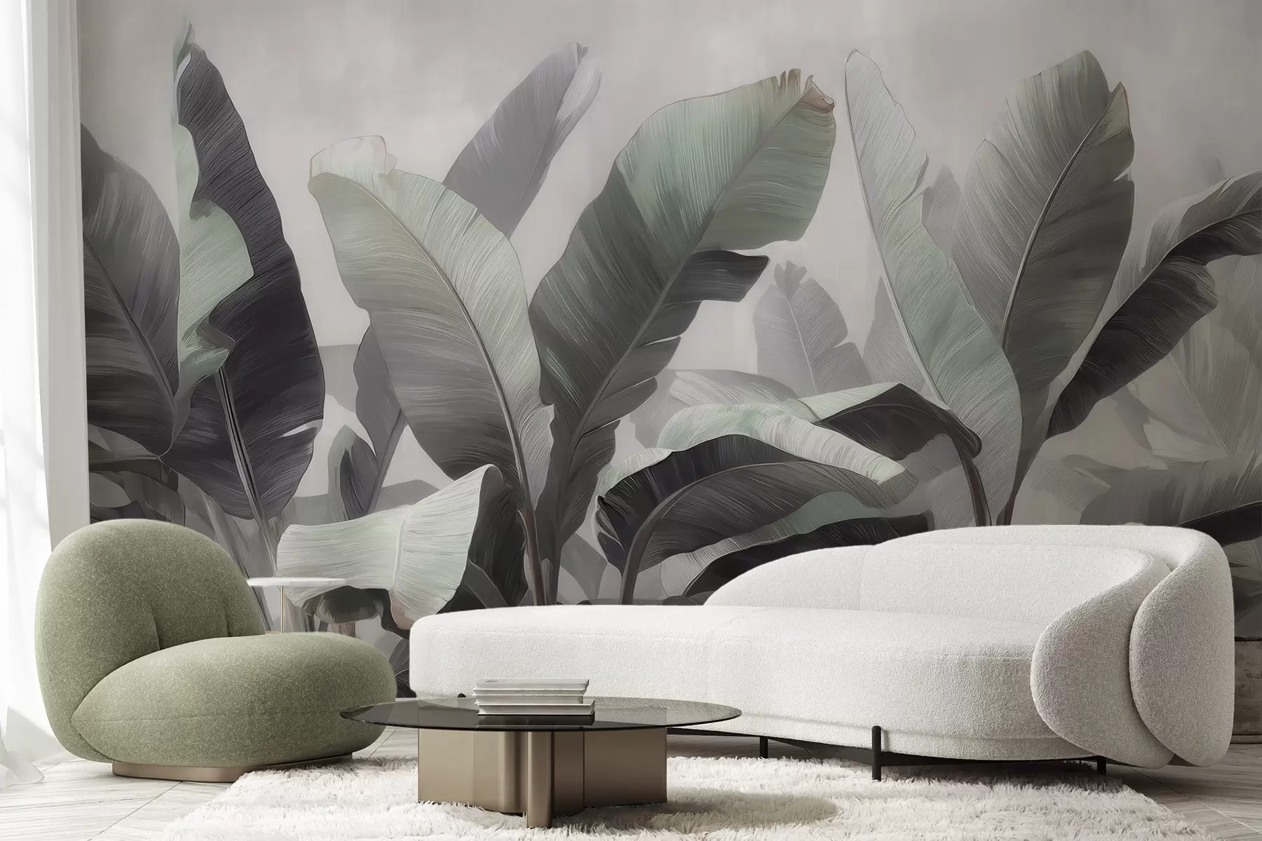 wall murals Abstract tropical large banana leaves in a neutral palette with soft gray-green tones w09805