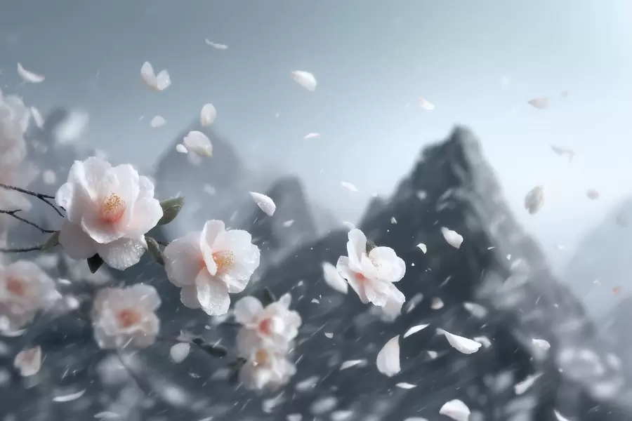 wall murals Delicate cherry blossom flowers against a mountain backdrop, atmospheric Japanese landscape in pastel tones w09808