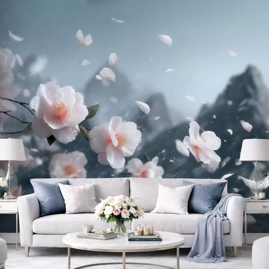 wall murals Delicate cherry blossom flowers against a mountain backdrop, atmospheric Japanese landscape in pastel tones w09808