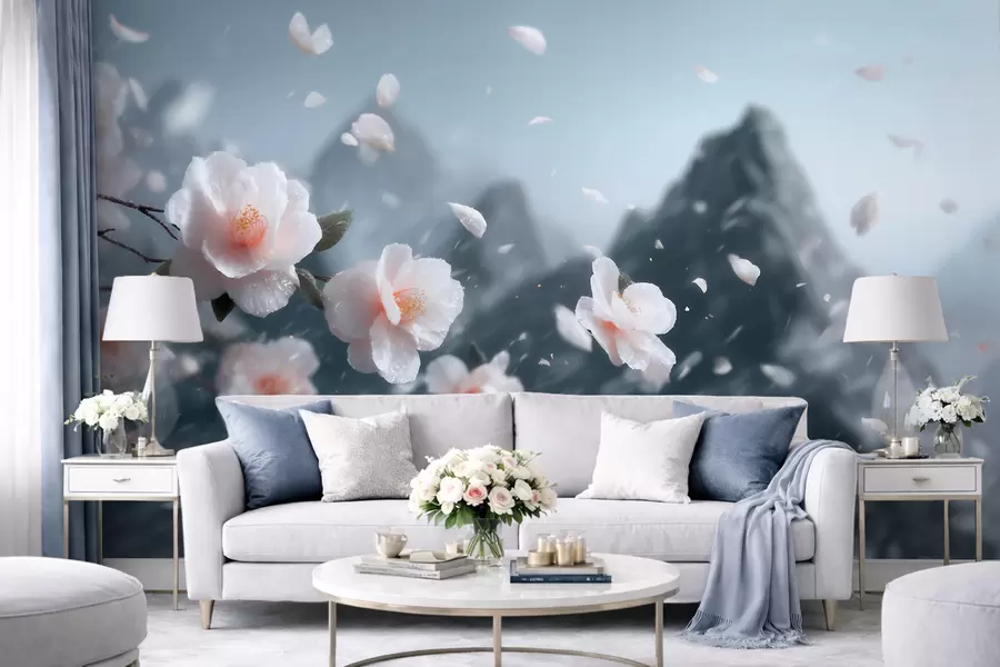 wall murals Delicate cherry blossom flowers against a mountain backdrop, atmospheric Japanese landscape in pastel tones w09808