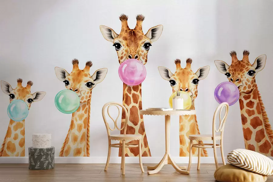 wall murals Giraffes with bubble gum w05492