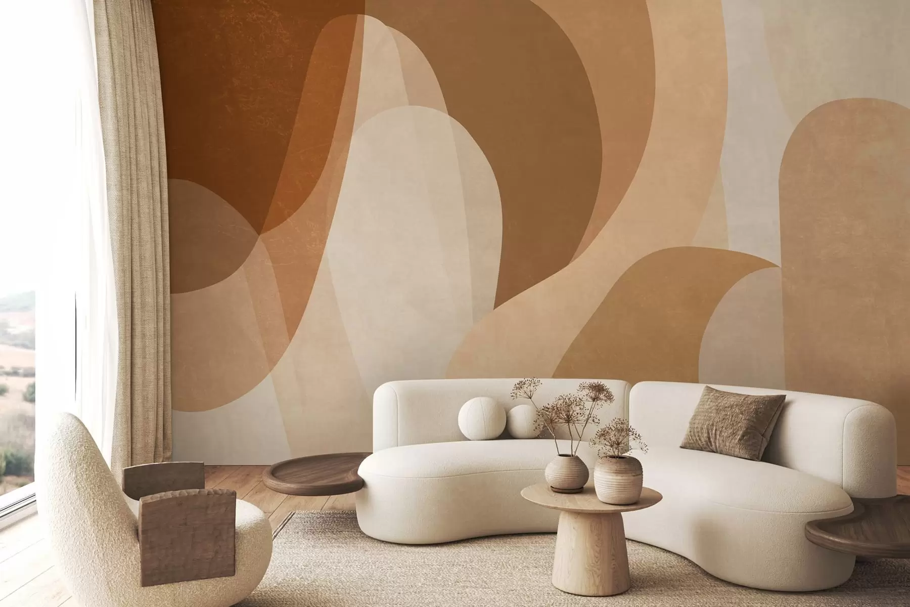 wall murals abstract curves in brown, beige and auburn shades w05387