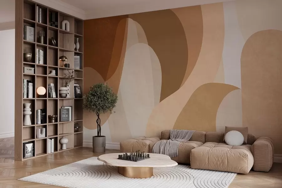 wall murals abstract curves in brown, beige and auburn shades w05387