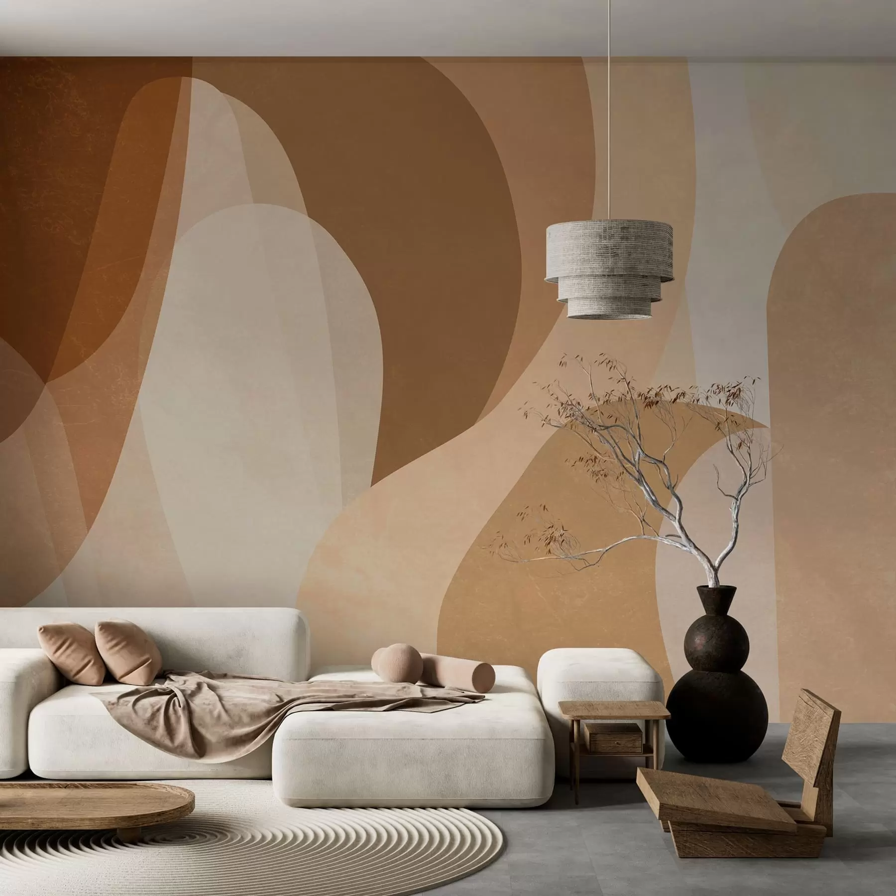 wall murals abstract curves in brown, beige and auburn shades w05387
