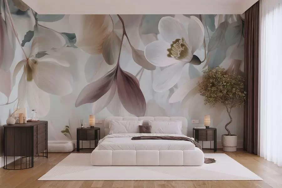 wall murals a delicate composition of flowers and leaves in pastel shades w05240