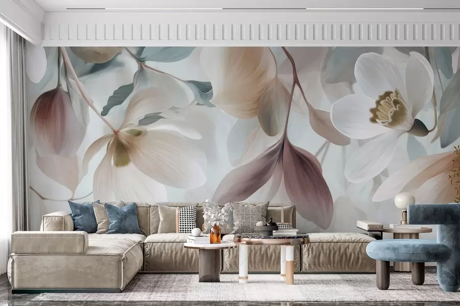wall murals a delicate composition of flowers and leaves in pastel shades w05240