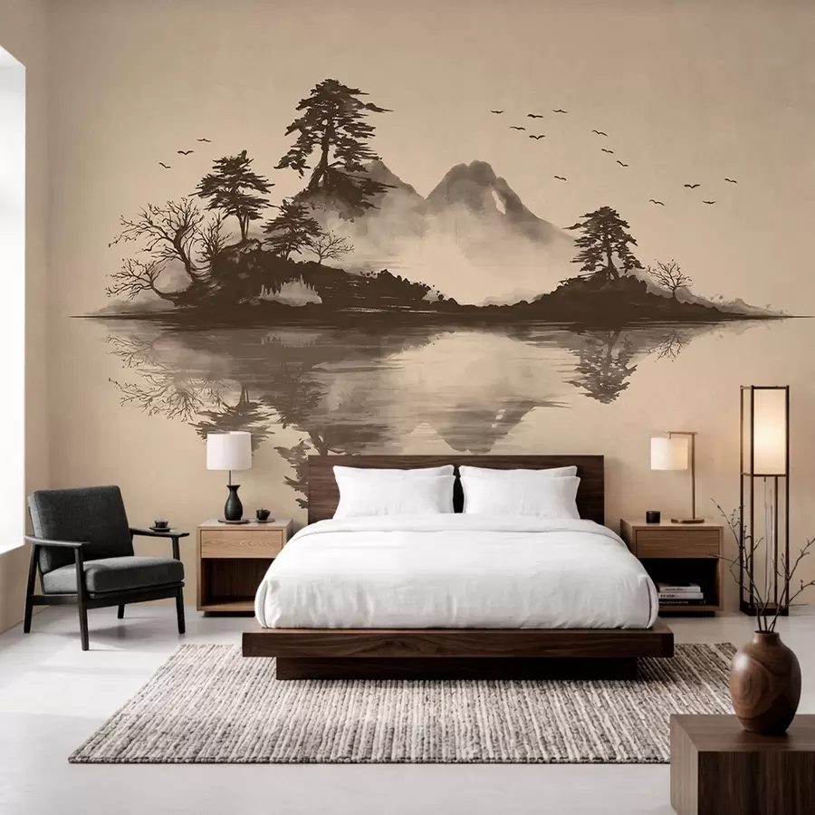 wall murals Sumi-e mountain landscape with pines and reflection w05124
