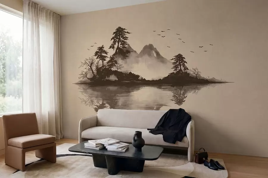 wall murals Sumi-e mountain landscape with pines and reflection w05124