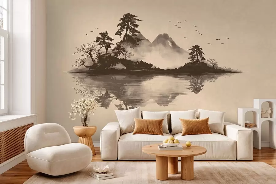 wall murals Sumi-e mountain landscape with pines and reflection w05124
