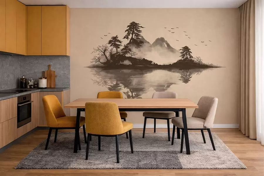 wall murals Sumi-e mountain landscape with pines and reflection w05124