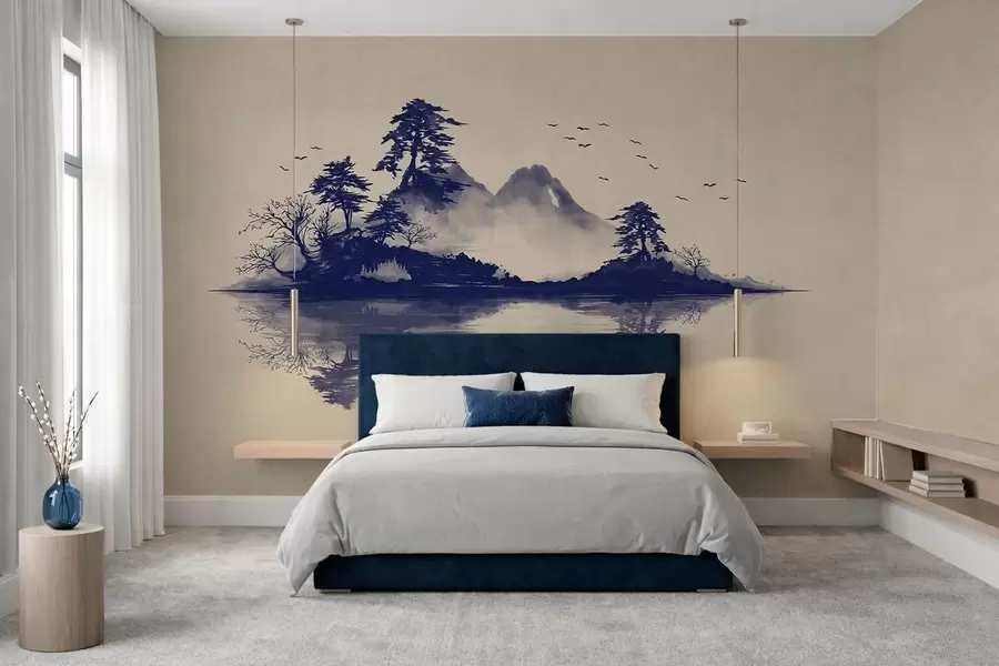 wall murals Sumi-e mountain landscape in blue tones w05124v2