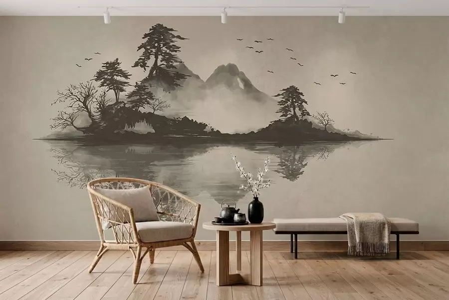 wall murals Sumi-e mountain landscape in soft gray tones w05124v1