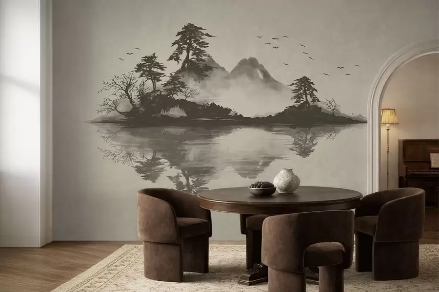 wall murals Sumi-e mountain landscape in soft gray tones w05124v1