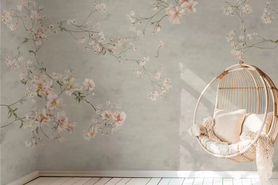 wall murals Chinoiserie floral branches on gray background w05427v1
