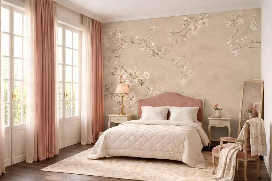 wall murals Chinoiserie floral branches on warm beige background w05427v2