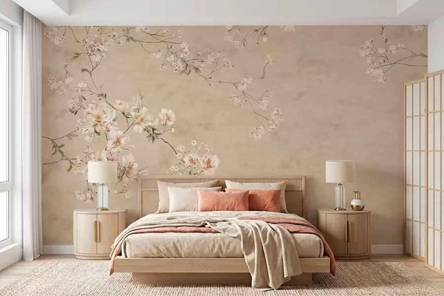 wall murals Chinoiserie floral branches on warm beige background w05427v2