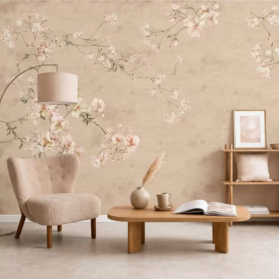 wall murals Chinoiserie floral branches on warm beige background w05427v2