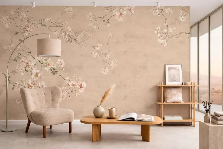 wall murals Chinoiserie floral branches on warm beige background w05427v2