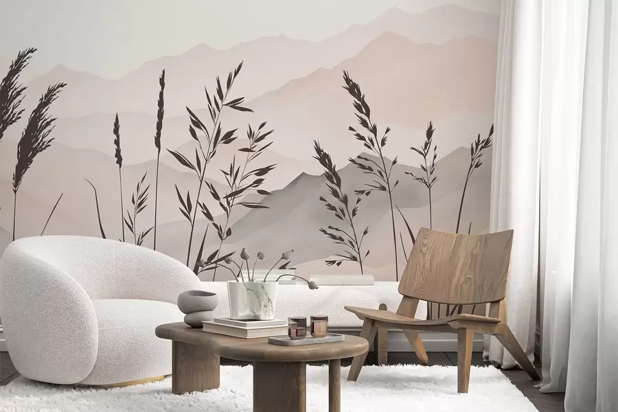 wall murals Silhouettes of grass against the backdrop of mountains w05501