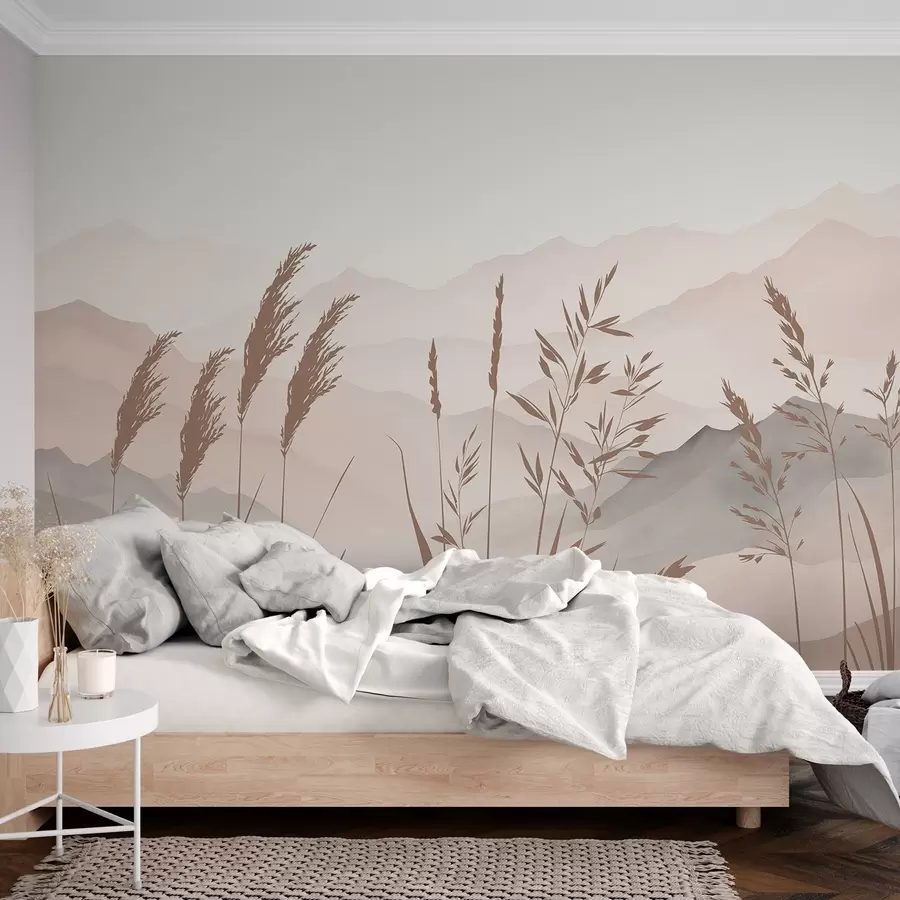 wall murals Silhouettes of grass against the backdrop of mountains w05501v1