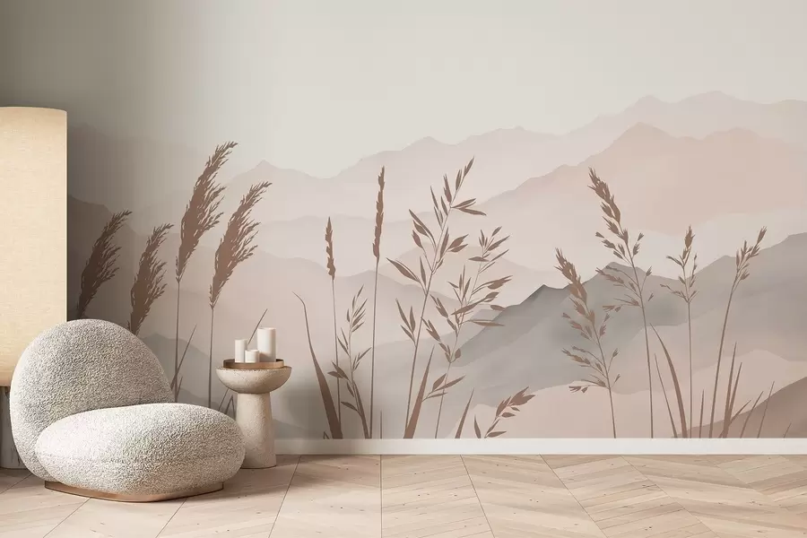 wall murals Silhouettes of grass against the backdrop of mountains w05501v1
