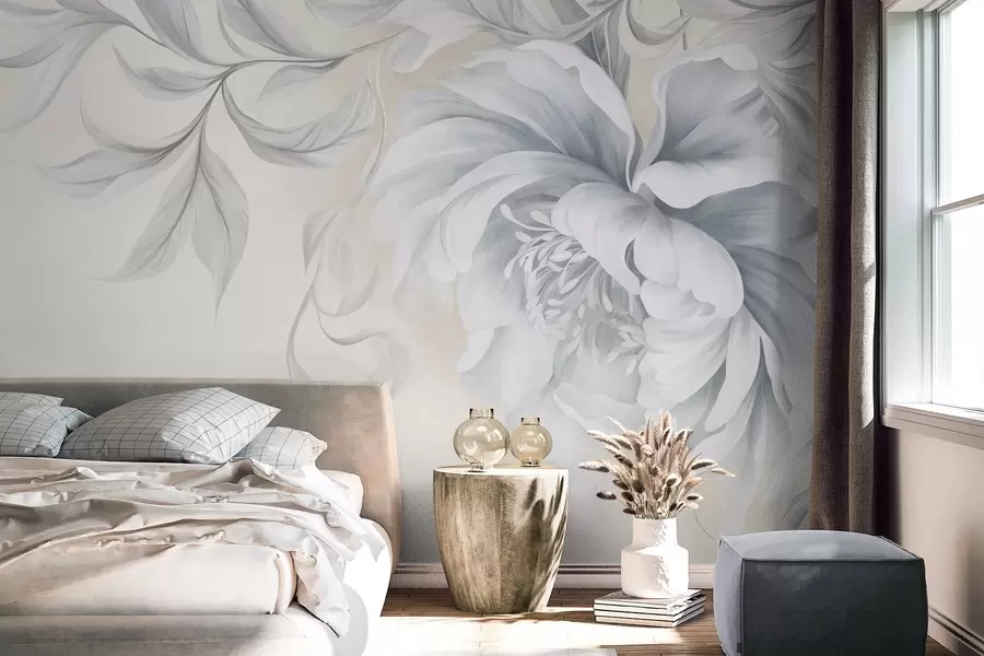 wall murals Large, textured peony with delicate petals and gray leaves, painted soft style w09647