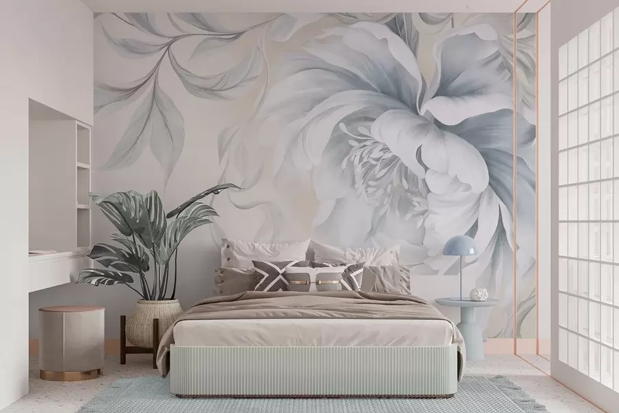 wall murals Large, textured peony with delicate petals and gray leaves, painted soft style w09647