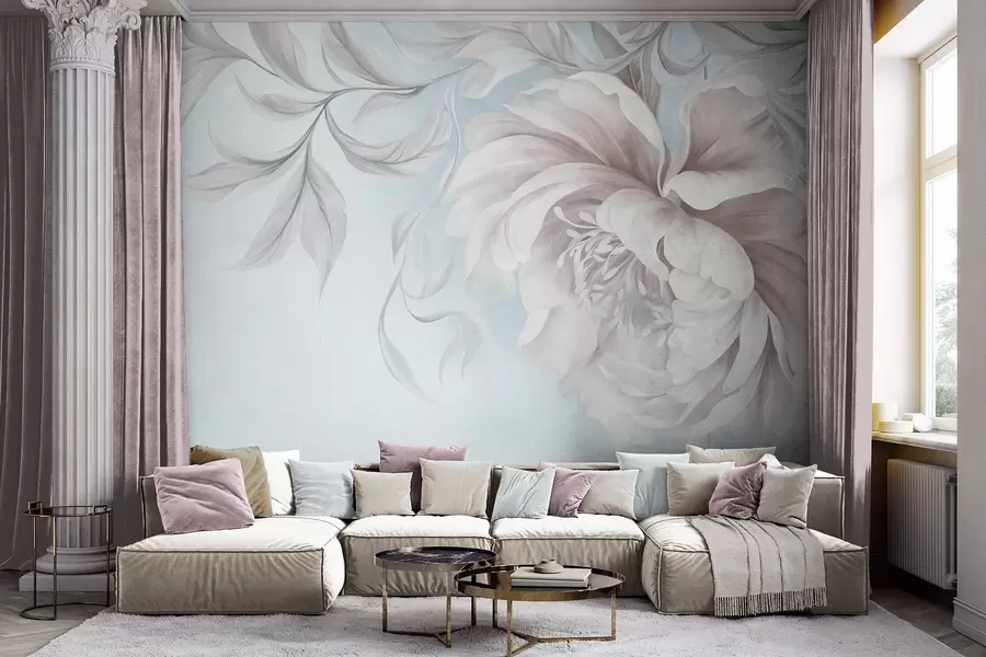 wall murals Large, textured peony with delicate petals and gray leaves, painted soft style w09647v1