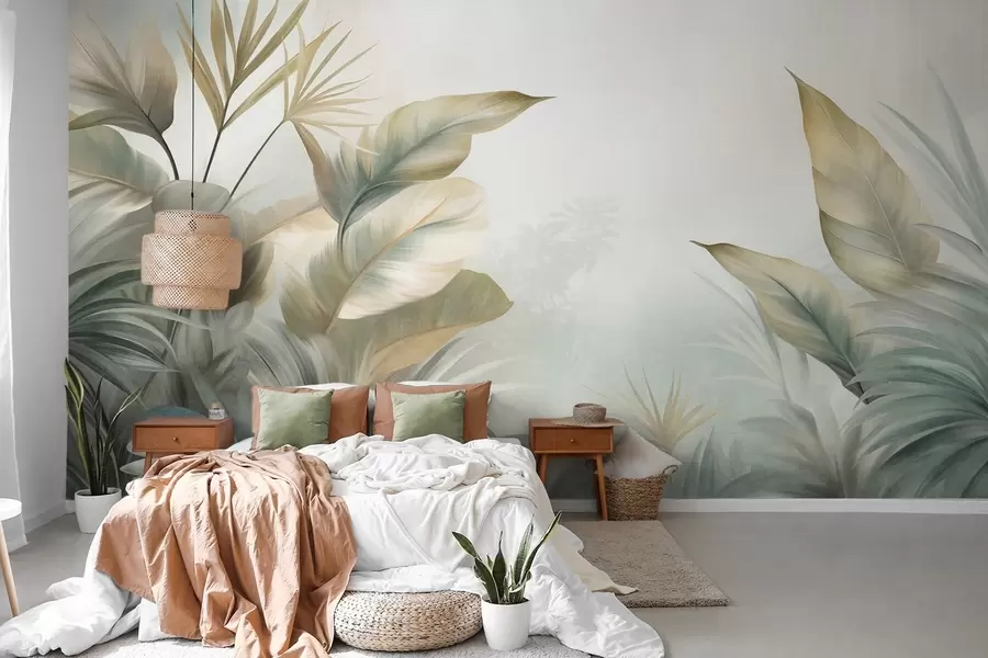 wall murals Large, textured tropical leaves in muted green and beige tones, a jungle environment w09820