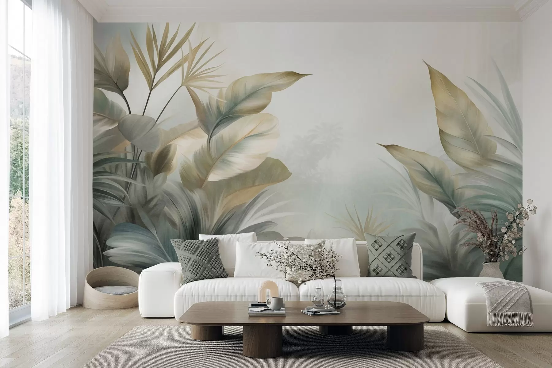 wall murals Large, textured tropical leaves in muted green and beige tones, a jungle environment w09820