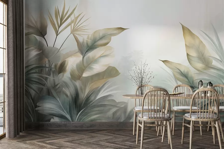 wall murals Large, textured tropical leaves in muted green and beige tones, a jungle environment w09820