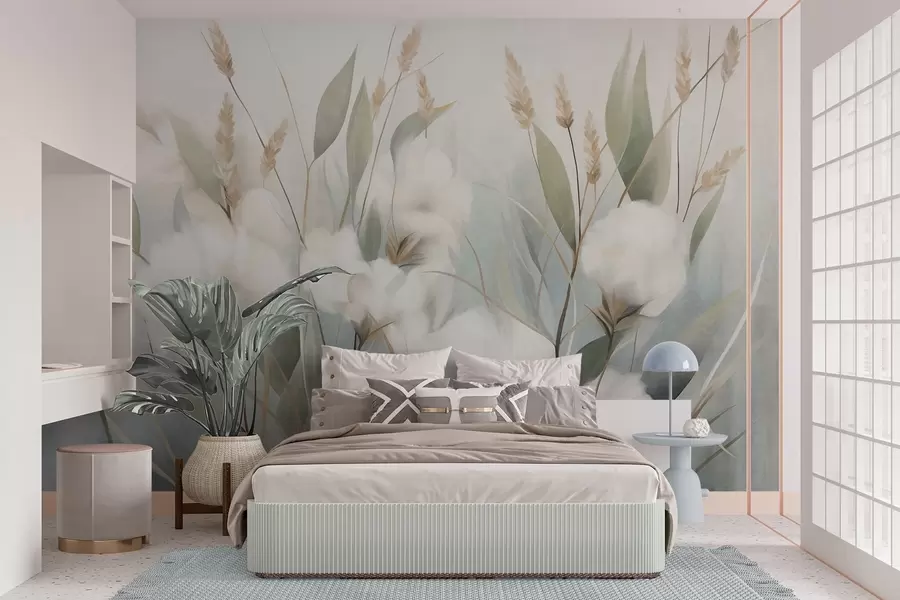 wall murals White dried flowers and tall grass with a soft, muted background , painted, impressionistic style w09823