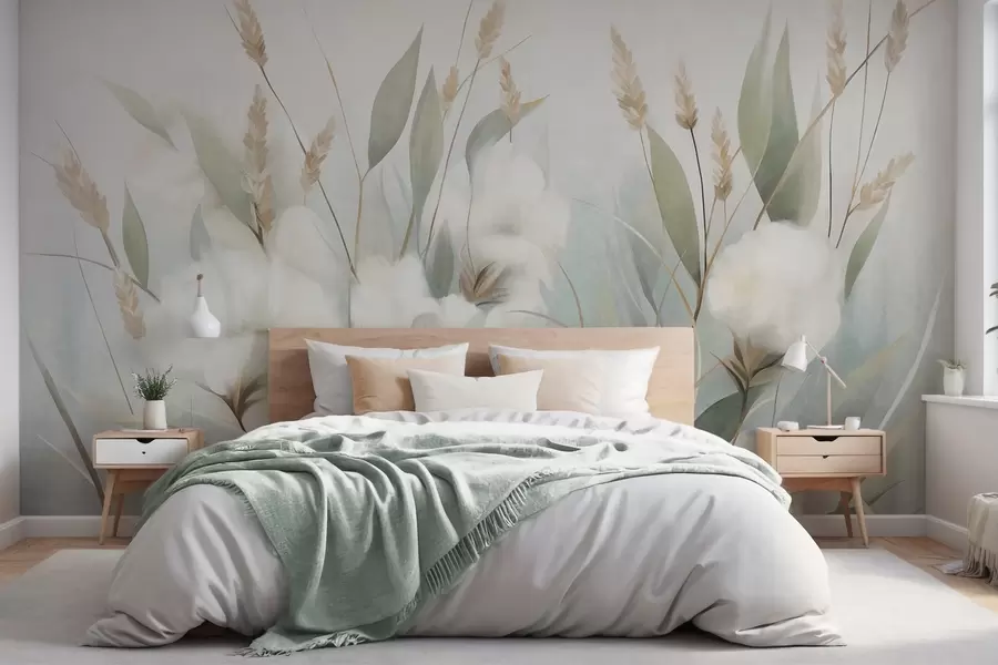 wall murals White dried flowers and tall grass with a soft, muted background , painted, impressionistic style w09823