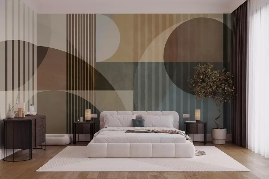 wall murals Abstract geometric shapes with circles and lines, muted earth tones, textured, layered composition w09834