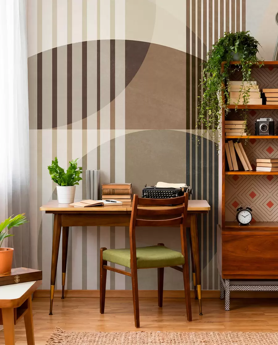 wall murals Abstract geometric shapes with circles and lines, muted earth tones, textured, layered composition w09834